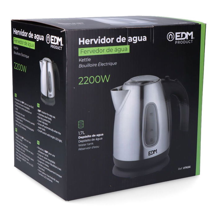 Edm Hervidor de Agua Eléctrico Kettle 1,7 L 2200W Acero Inoxidable Inalámbrico