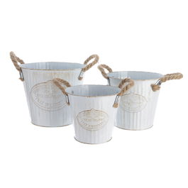 Decoris Cubos de Zinc con Asa de Cuerda, Blanco, Set de 3 Cubos de Decoración Ø20x17cm, Ø17x15cm, Ø15x13cm
