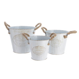 Decoris Set de 3 Cubos de Zinc con Asa de Cuerda, Blanco