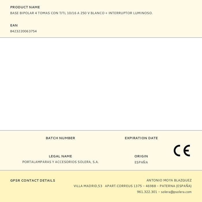 Solera - Base Bipolar 4 Tomas con T/TL 10/16A 250V, Interruptor Luminoso, 3500W, Color Blanco
