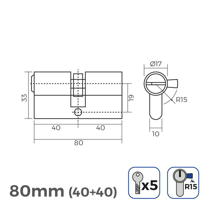 Edm Cilindro Latón 80 mm (40+40 mm) Leva Larga R15 con 5 Llaves de Seguridad Incluidas