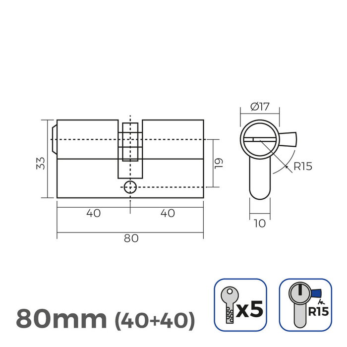 Edm Cilindro de latón 80 mm (40+40 mm) leva larga r15 con 5 llaves de seguridad