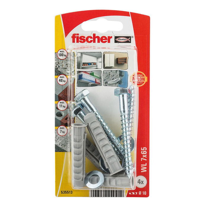 Fischer Tacos wl Ø7 x 60 mm + Tornillos Ø7 x 65 mm, Blister 4 uds