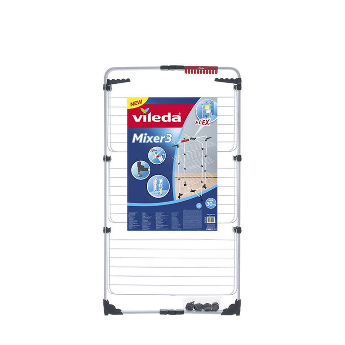 Vileda Tendedero Torre Mixer 3, Tendedero de Ropa de 3 Niveles con 30 m de Tendedero, Plegable y con Ruedas, Acero Blanco