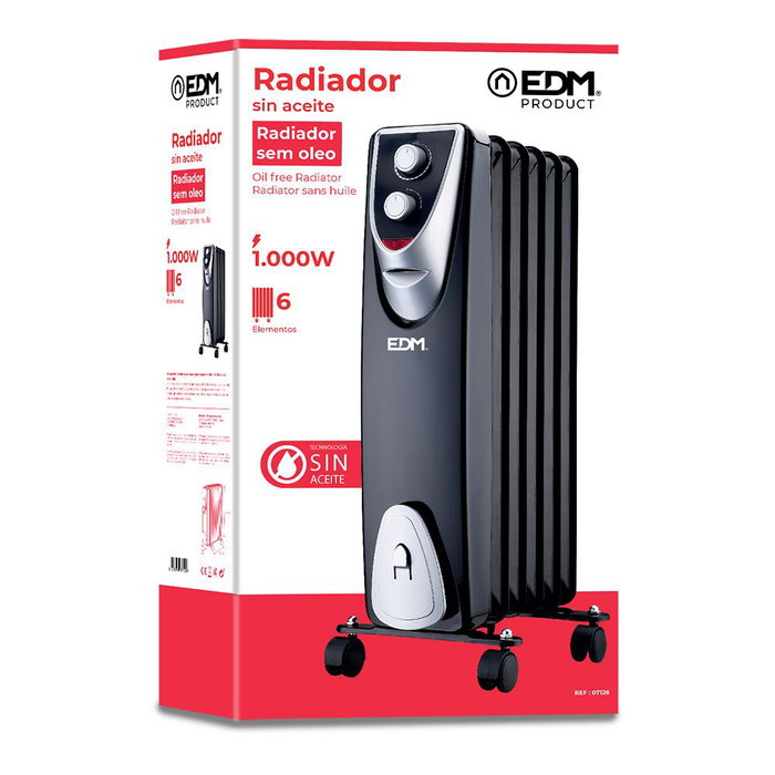 Edm Radiador sin aceite Black Edition 1000W 6 elementos modelo 24x37x64cm