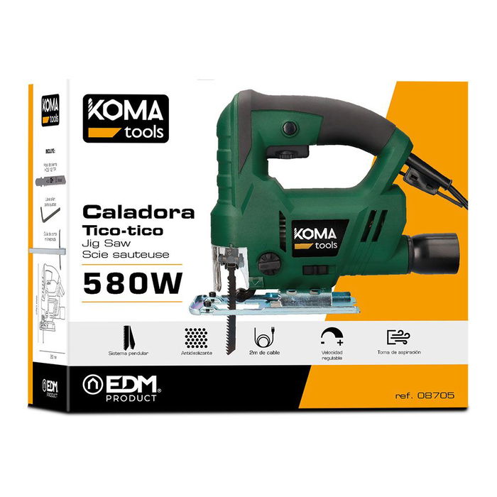 Koma Tools SC-580 Sierra Caladora Eléctrica 580W, Sistema Pendular 0-3000 rpm, Corte Madera 65mm, Base Inclinable 0-45°, Con Aspiración y Llave