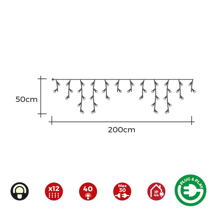 Edm Cortina Icicle Easy-Connect Multifunción 2x0.5m 40 LEDs Blanco Cálido IP44