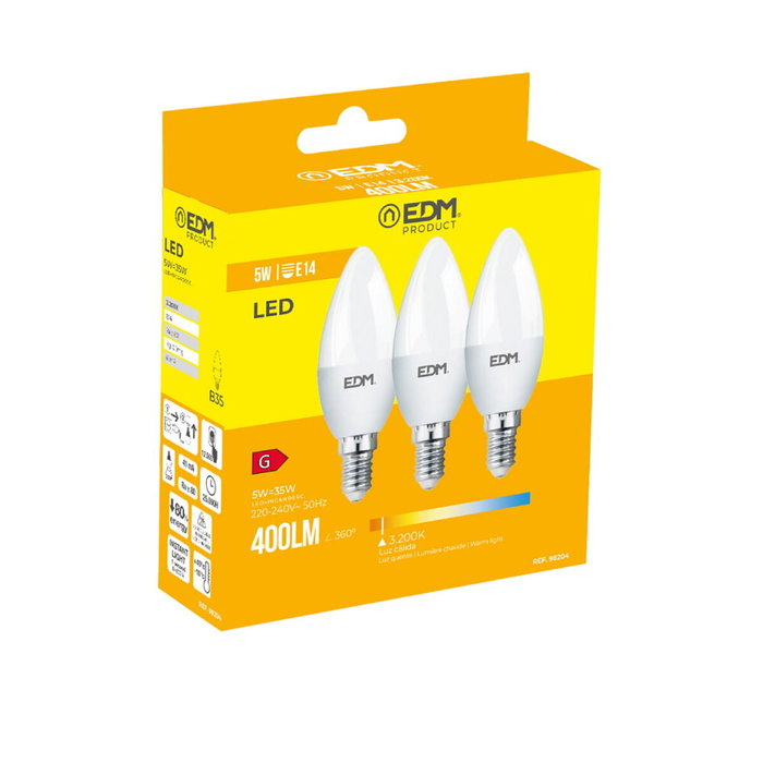 Edm Kit de 3 bombillas vela LED E14 5W 400 lm 3200K luz cálida
