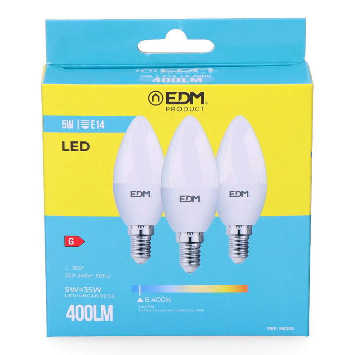 Edm Kit 3 Bombillas Vela LED E14 5W 400 Lm 6400K Luz Fría Ø3,6x10cm