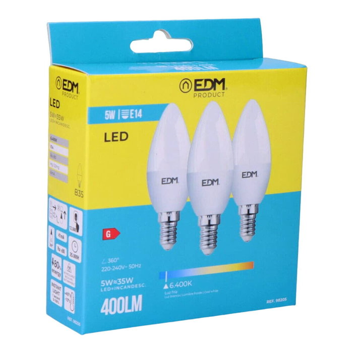 Edm Kit de 3 bombillas vela LED E14 5W 400lm 6400K luz fría Edm Kit de 3 bombillas vela LED E14 5W 400lm 6400K luz fría