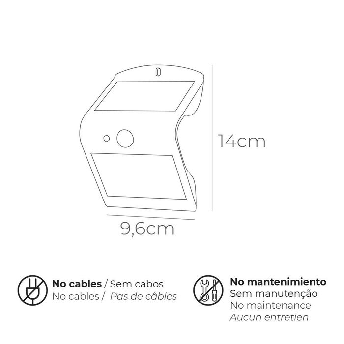 Edm Aplique Solar 1,5w 220lm Recargable con Sensor de Presencia, Luz Doble (6000k/3000k), Negro, 9,6x7,3x14cm