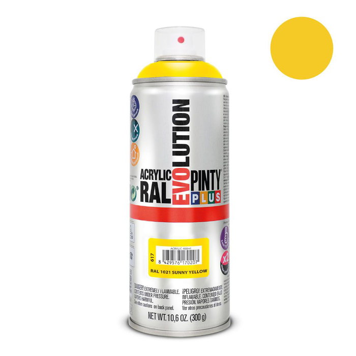 Pinty Plus Pintura Spray Evolution RAL 1021 Colza Yellow - Esmalte Acrílico de Secado Rápido 400 ml para Interior y Exterior