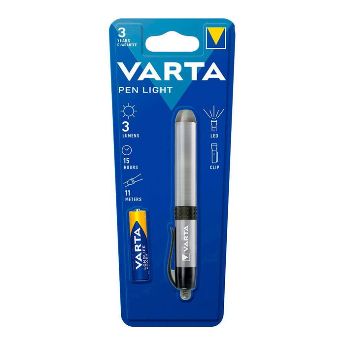 Varta Linterna Pen Light Cuerpo Aluminio LED 3 Lm 15h 117mm 11m Luz Blanca Pinza Sujeción Pilas AAA Incluidas