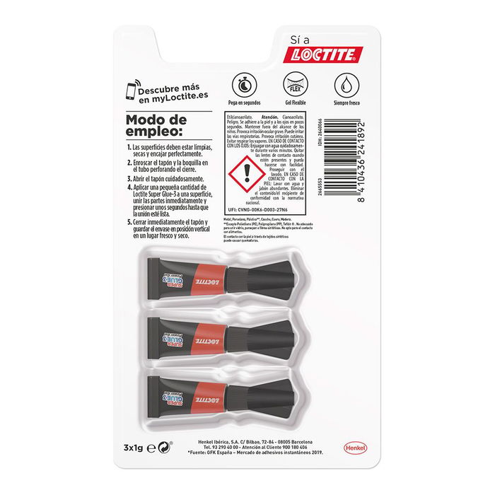 Loctite Super glue 3 Power Flex Adhesivo Instantáneo Antigoteo Multimaterial Gel Transparente 3 x 1 g