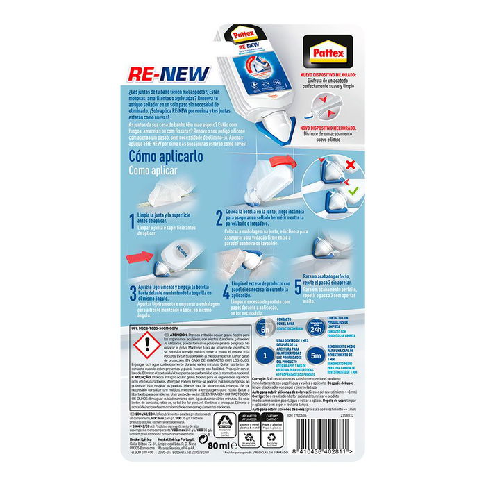 Pattex Silicona Re - new Blanco Mate 80 ml Silicona a Base de Agua para Sanitarios Resistente al Moho