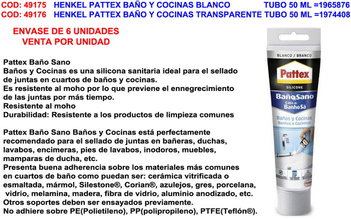 Pattex Silicona Baño y Cocinas Transparente 50 ml Pattex Silicona Baño y Cocinas Transparente 50 ml