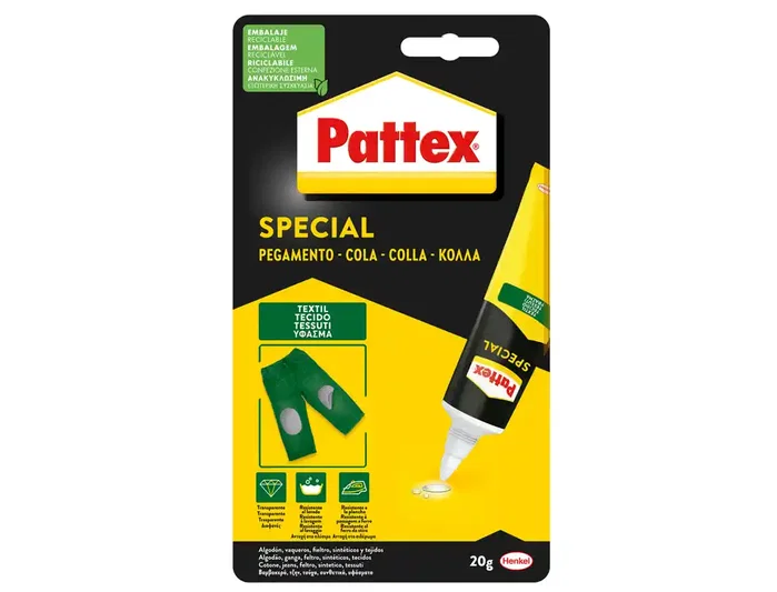 Pattex Pegamento Especial Textil, Transparente y Resistente al Lavado, para Uniones de Tela, Algodón, Lino o Jeans, en Bote de 20 g Pattex Pegamento Especial Textil, Transparente y Resistente al Lavado, para Uniones de Tela, Algodón, Lino o Jeans, en Bote de 20 g