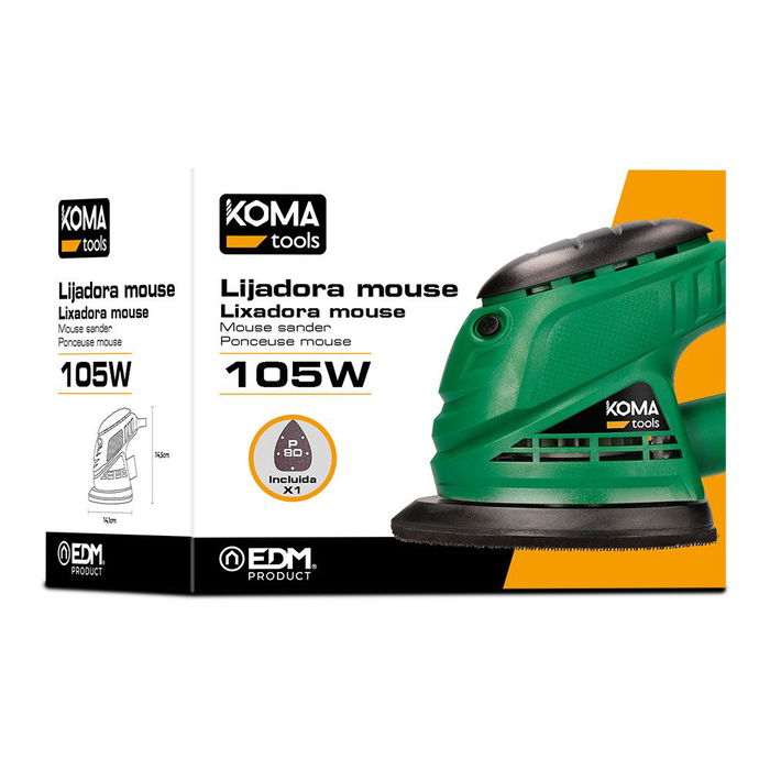 Koma Tools Lijadora Tipo Mouse LM-105 105W, Velocidad 12000 rpm, Toma de Aspiración, 141 x 145 mm, Incluye Lija P80, Verde/Negro