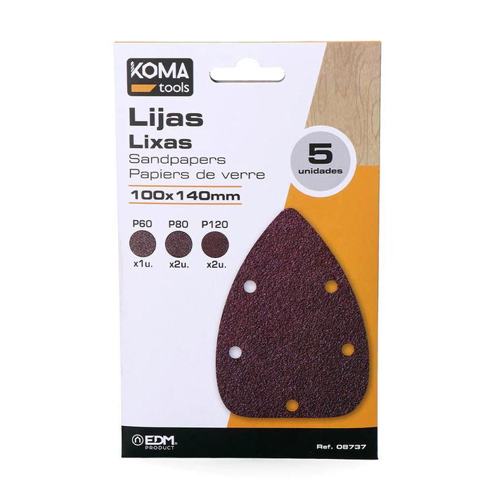 Koma Tools Lijas para Lijadora Tipo Mouse, Referencia 08707, Pack de 5 Unidades (10 x 14 cm) con Granos P60, P80, P120 - Brico Series