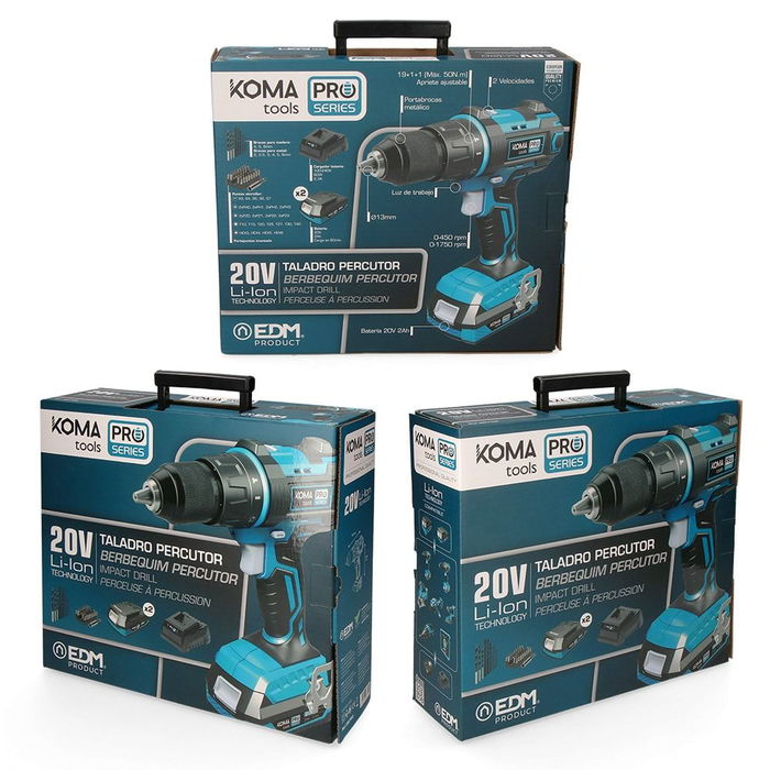 Koma Tools Kit Taladro Percutor Atornillador 20V Pro Series 20v-tap2-k con 2 Baterías 2.0Ah, Cargador y Maletín