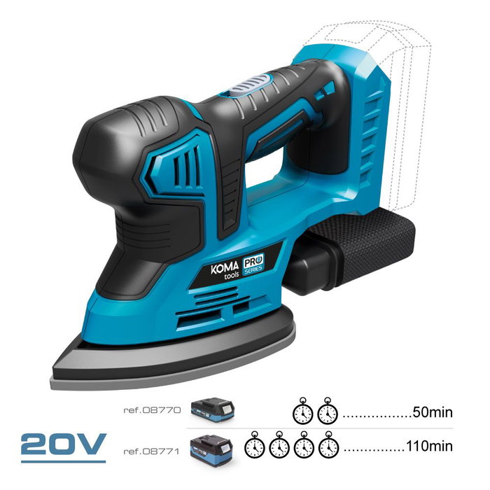 Koma Tools Lijadora Mouse 20V (sin Batería ni Cargador) 20v-lm 20,4 x 15,5 cm, Mango Ergonómico, Velcro, Incluye Filtro y Lijas