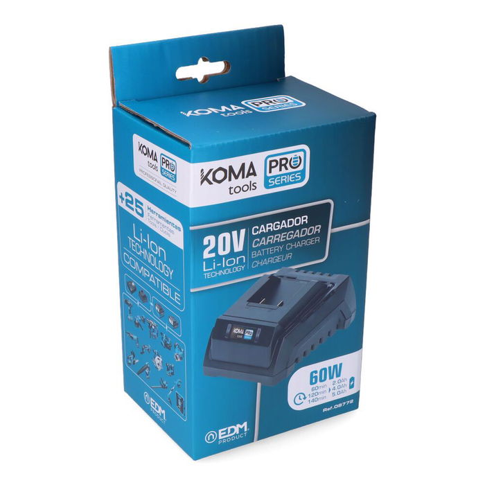 Koma Tools Cargador de Batería 20V 60W CB60, Cargador Rápido 2.3A con Indicador LED para Baterías 2.0Ah 4.0Ah 5.0Ah 8.0Ah, Negro
