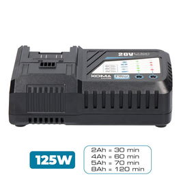 Koma Tools Cargador Rápido 20V-CB125 125W 20V 5A para Baterías 2.0Ah-8.0Ah con Indicador, Pro Series - Cargador para Herramientas Eléctricas