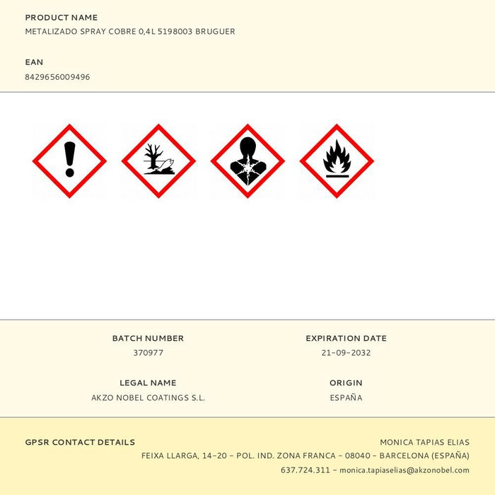 Bruguer Esmalte Spray Cobre Metalizado Acrílico 400 ml Interior Multisuperficie Reparador