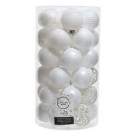 Decoris Bolas de navidad blancas con acabados y texturas diferentes, tubo de 37 unidades, Ø 6 cm
