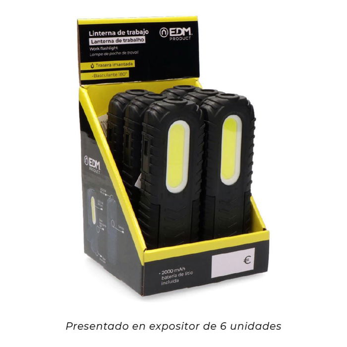 EDM Linterna de Trabajo LED Recargable USB-C, COB 5W 300 lm y 3W 90 lm, Batería 2000 mAh, con Gancho, Imán, Soporte Basculante 180° e Indicador de Batería