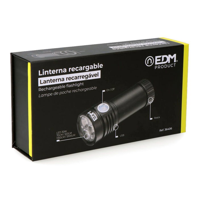 EDM Linterna LED Recargable 3 LEDs 3300 Lúmenes Máximos, Aluminio IP54, Batería 2000 mAh USB-C, Autonomía 1h a 9h, Color Negro EDM Linterna LED Recargable 3 LEDs 3300 Lúmenes Máximos, Aluminio IP54, Batería 2000 mAh USB-C, Autonomía 1h a 9h, Color Negro