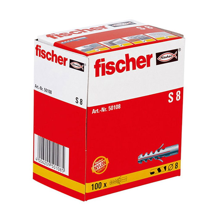 Fischer Taco de expansión S-8 mm, 100 uds, Nylon, para Hormigón, Mampostería, Madera