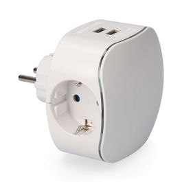 Edm Adaptador Triple de Enchufe Tipo F con 2 Puertos USB 2.1A, Perfil Iluminado Blanco, Presentación Retractilado