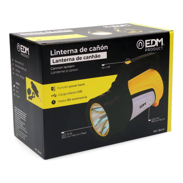 Edm Linterna Titan Force Multifunción Recargable + Power Bank 10W 350 Lm Luz Lectura Mapas Alcance 500m Batería 4000 mAh Hasta 16h Amarillo Negro