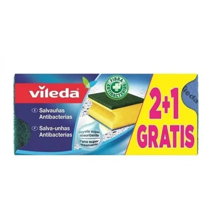 Vileda Estropajo con Bayeta Salvauñas Antibacterias 2+1 Verde