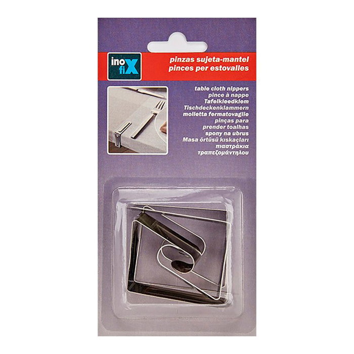 Inofix Pinza Sujeta Mantel Metálica Acero Inoxidable Cromado Blíster 4 Unidades para Mesas Exteriores