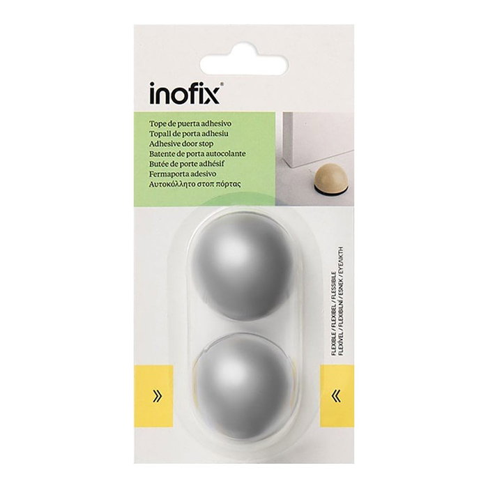 Inofix Tope de puerta flexible adhesivo gris metalizado PVC 27x40x40 mm 2 uds blister