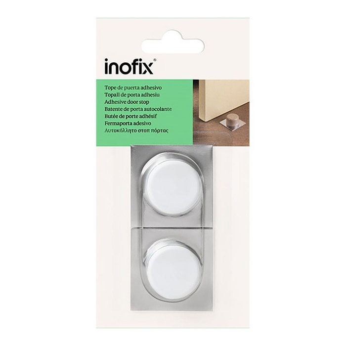 Inofix Tope de puerta de PVC y base metálica, blanco-cromo, fijación adhesiva, 2 uds blister