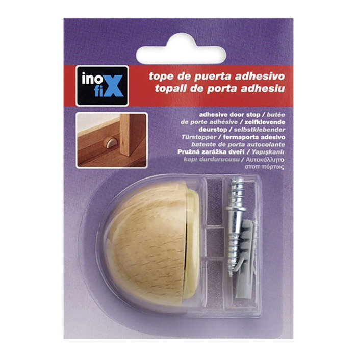 Inofix Tope Adhesivo y Tornillo Haya Madera Caucho para Puertas de Interior Blister 24x48x35 mm