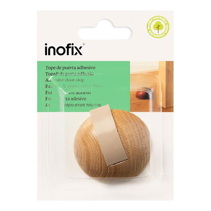 Inofix Tope de puerta semiesférico madera roble con pieza amortiguadora fijación adhesivo 23 x 49 x 49 mm
