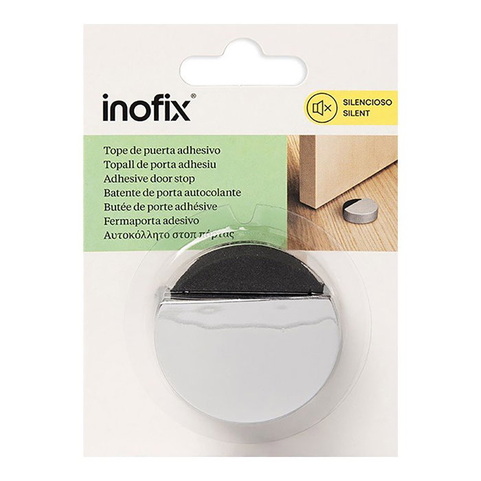 Inofix Tope de puerta amortiguado de espuma, acabado cromado, fijación adhesiva 14x47 mm, blister