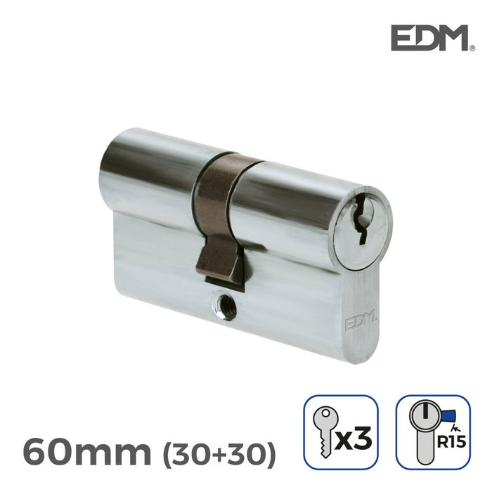 Edm Cilindro 60 mm (30+30 mm) niquelado leva larga r15 con 3 llaves de serreta Edm Cilindro 60 mm (30+30 mm) niquelado leva larga r15 con 3 llaves de serreta