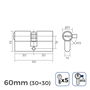 Edm Cilindro / Bombín 60mm (30+30mm) Niquelado Leva Larga R15 con 5 Llaves de Seguridad