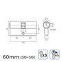 Edm Cilindro 60 mm (30+30 mm) niquelado, leva corta r13 con 3 llaves de serreta