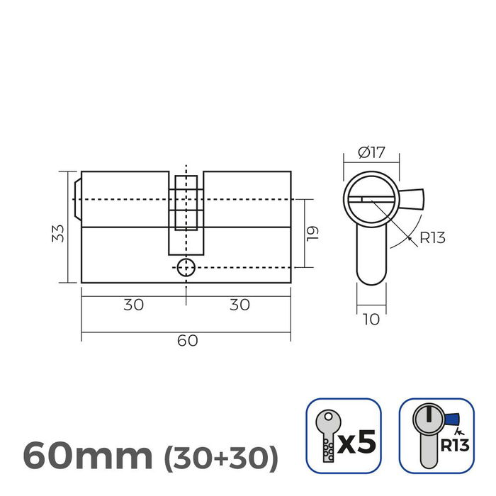 Edm Cilindro / Bombín 60mm (30+30mm) Niquelado Leva Corta R13 con 5 Llaves de Seguridad Incluidas