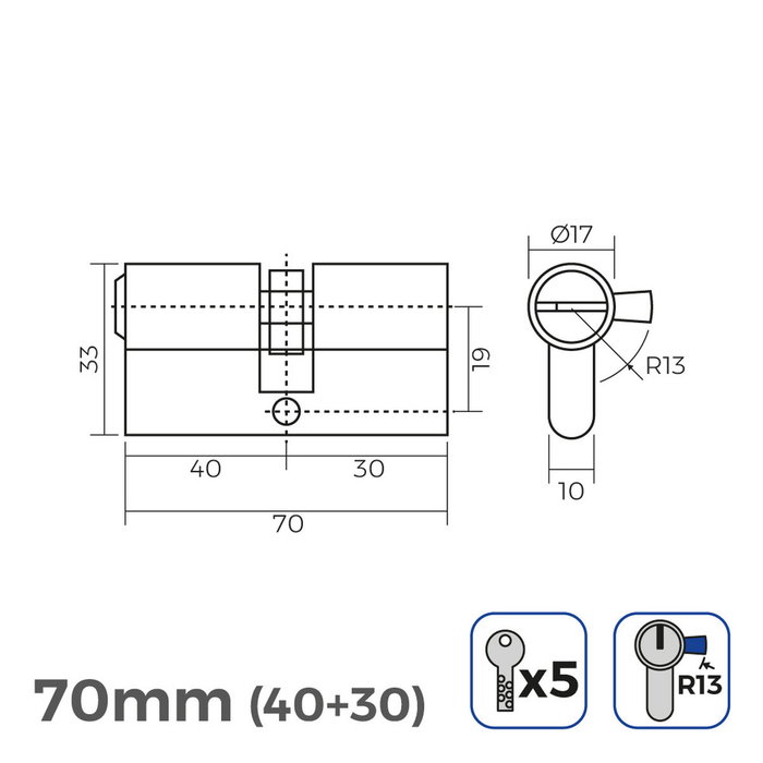 Edm Cilindro 70mm (40+30mm) niquelado leva corta r13 con 5 llaves seguridad