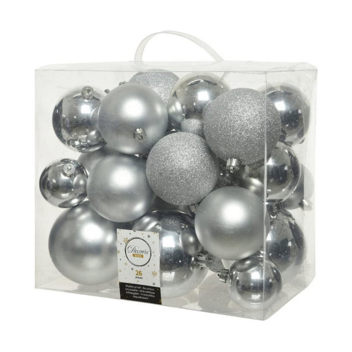 Decoris Caja de 26 bolas decorativas de Navidad, plata, tamaños varios Decoris Caja de 26 bolas decorativas de Navidad, plata, tamaños varios