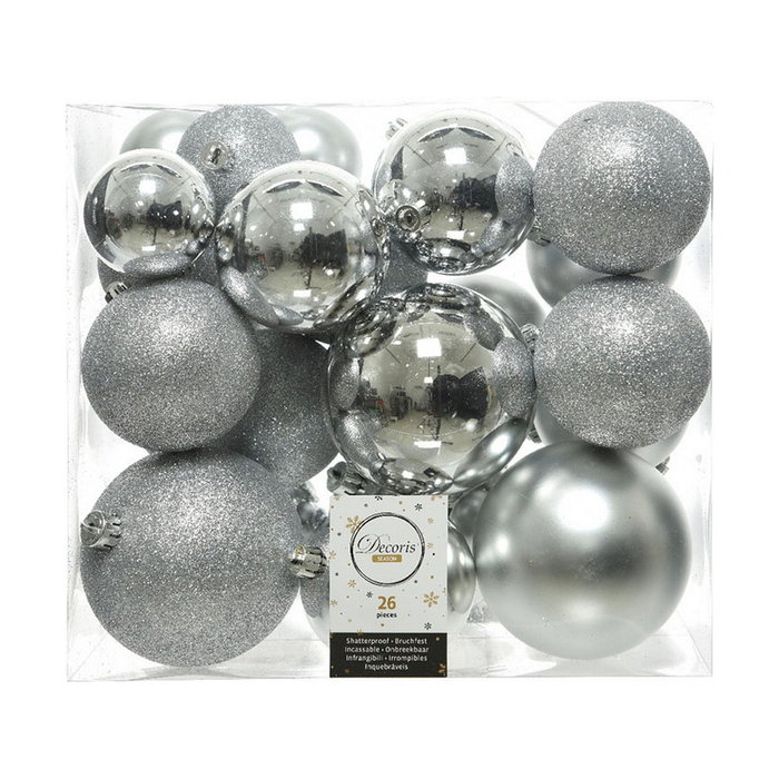 Decoris Caja de 26 bolas decorativas de Navidad, plata, tamaños varios Decoris Caja de 26 bolas decorativas de Navidad, plata, tamaños varios