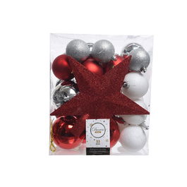 Decoris 33 Accesorios para Árbol Navidad Plata, Rojo y Blanco Mate Adorno Colgante
