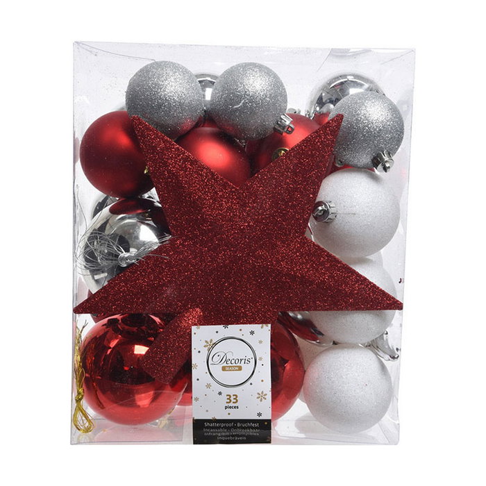 Decoris Adornos de Navidad, Plata, Rojo y Blanco Mate, Caja de 33 piezas Decoris Adornos de Navidad, Plata, Rojo y Blanco Mate, Caja de 33 piezas